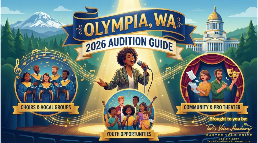 Infographic guide for auditions in Olympia WA featuring singers, choir, theater actors, and youth performers