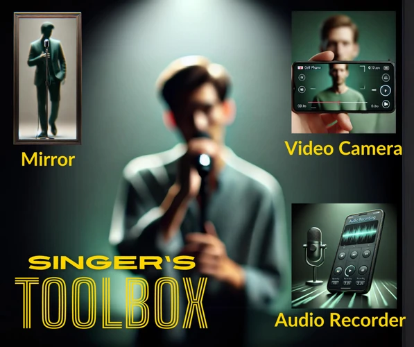 Illustration of vocal practice tools including mirror and recording devices
