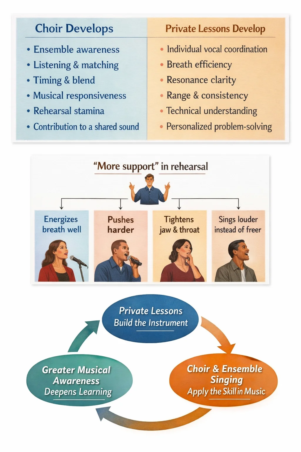 Infographic showing what choir develops versus what private lessons develop, how singers interpret rehearsal instructions differently, and the learning cycle between private lessons and ensemble singing