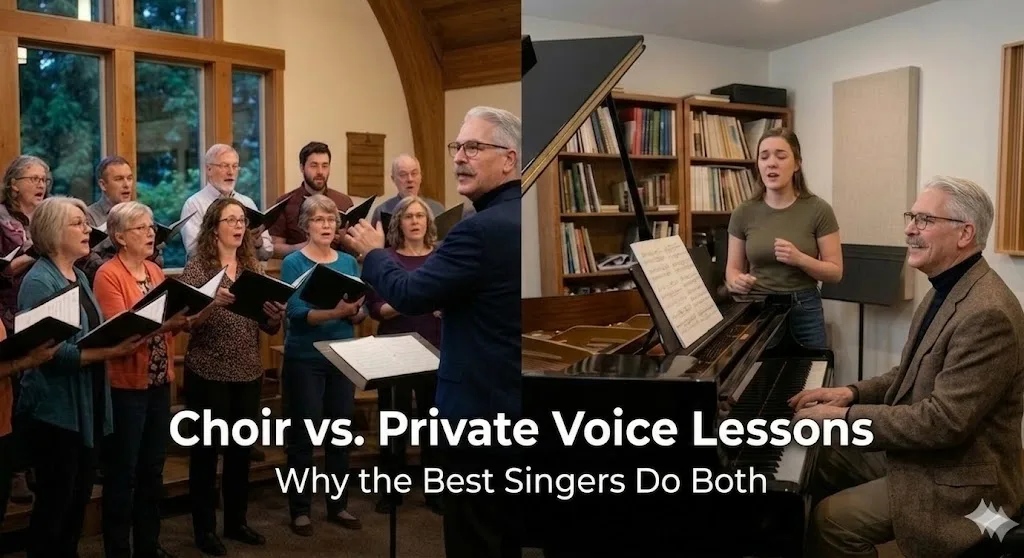 Split image showing a choir rehearsal on the left and a private voice lesson at the piano on the right
