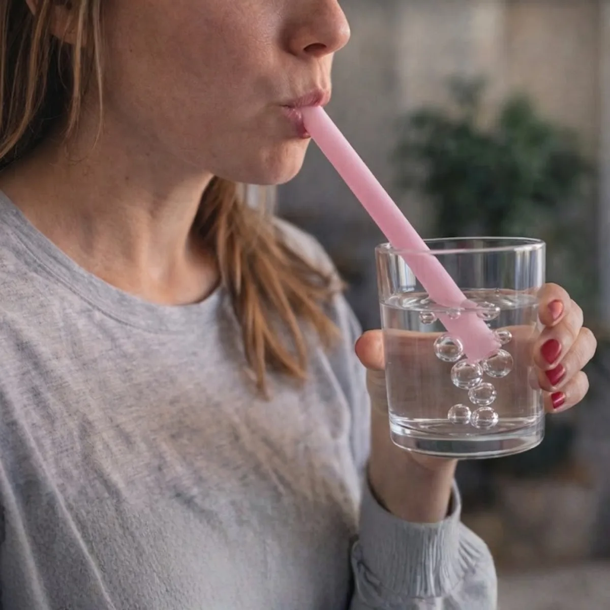 A woman practicing straw phonation, humming through a straw into a glass of water with steady bubbles rising
