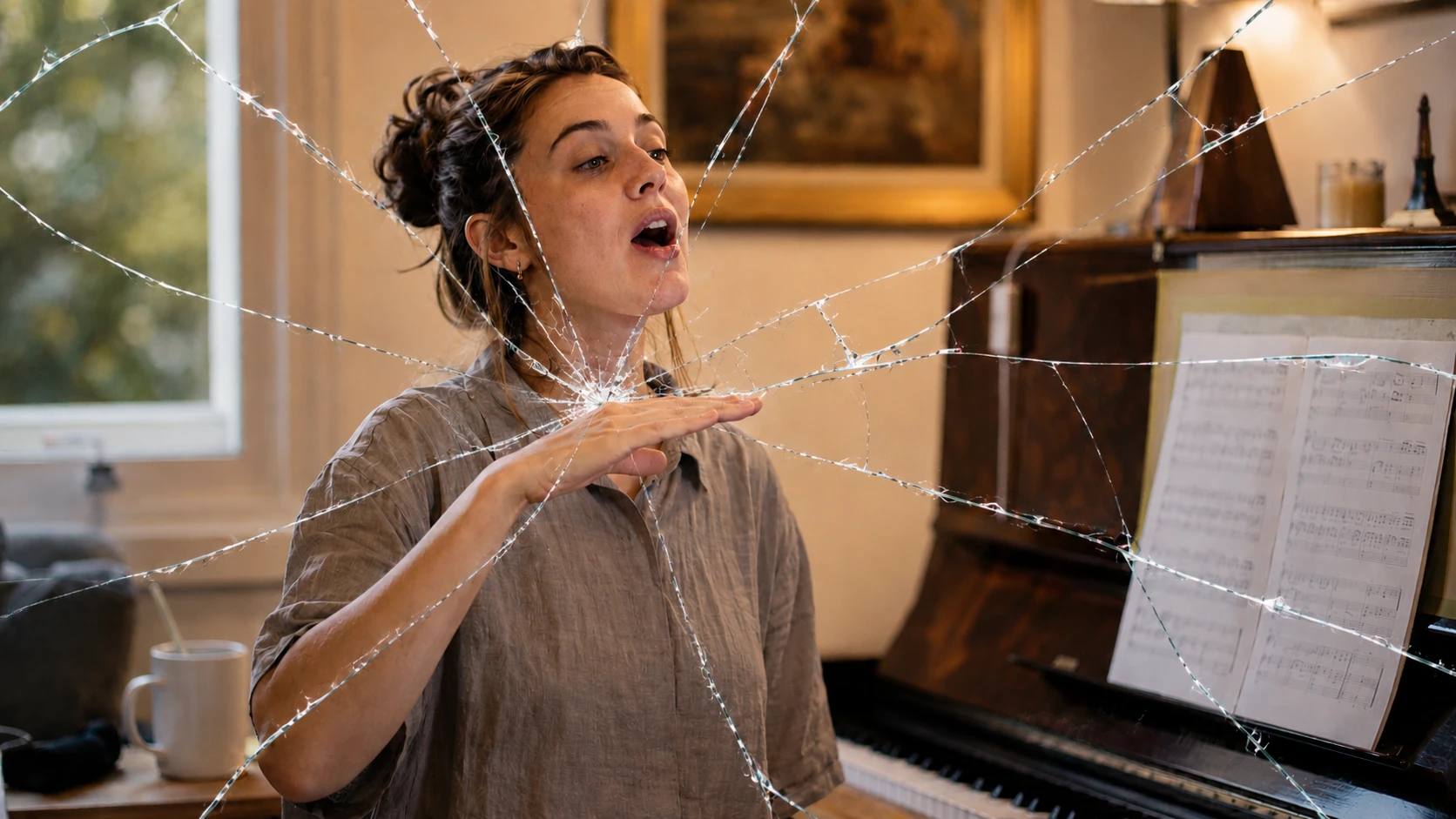 A singer practicing at a piano, seen through cracked glass — a visual metaphor for a voice crack