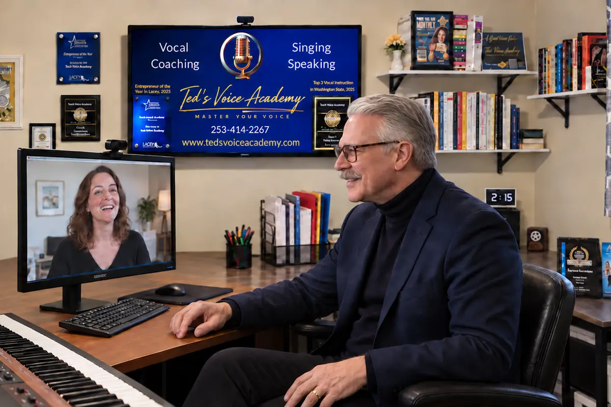 Ted Chamberlain teaching an online voice lesson from his Lacey, WA studio, a student smiling on the monitor beside his keyboard, the Ted's Voice Academy screen on the wall behind him