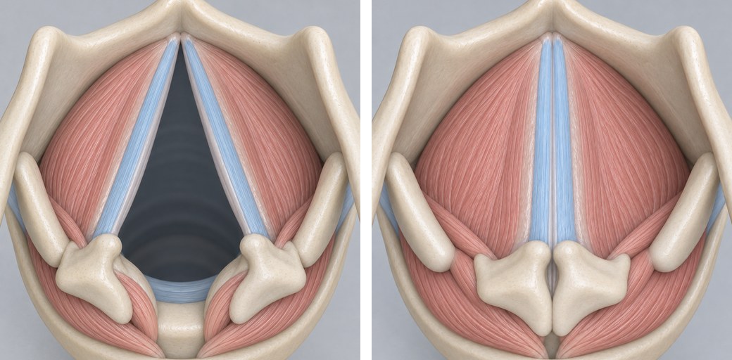 Vocal folds shown apart and then together