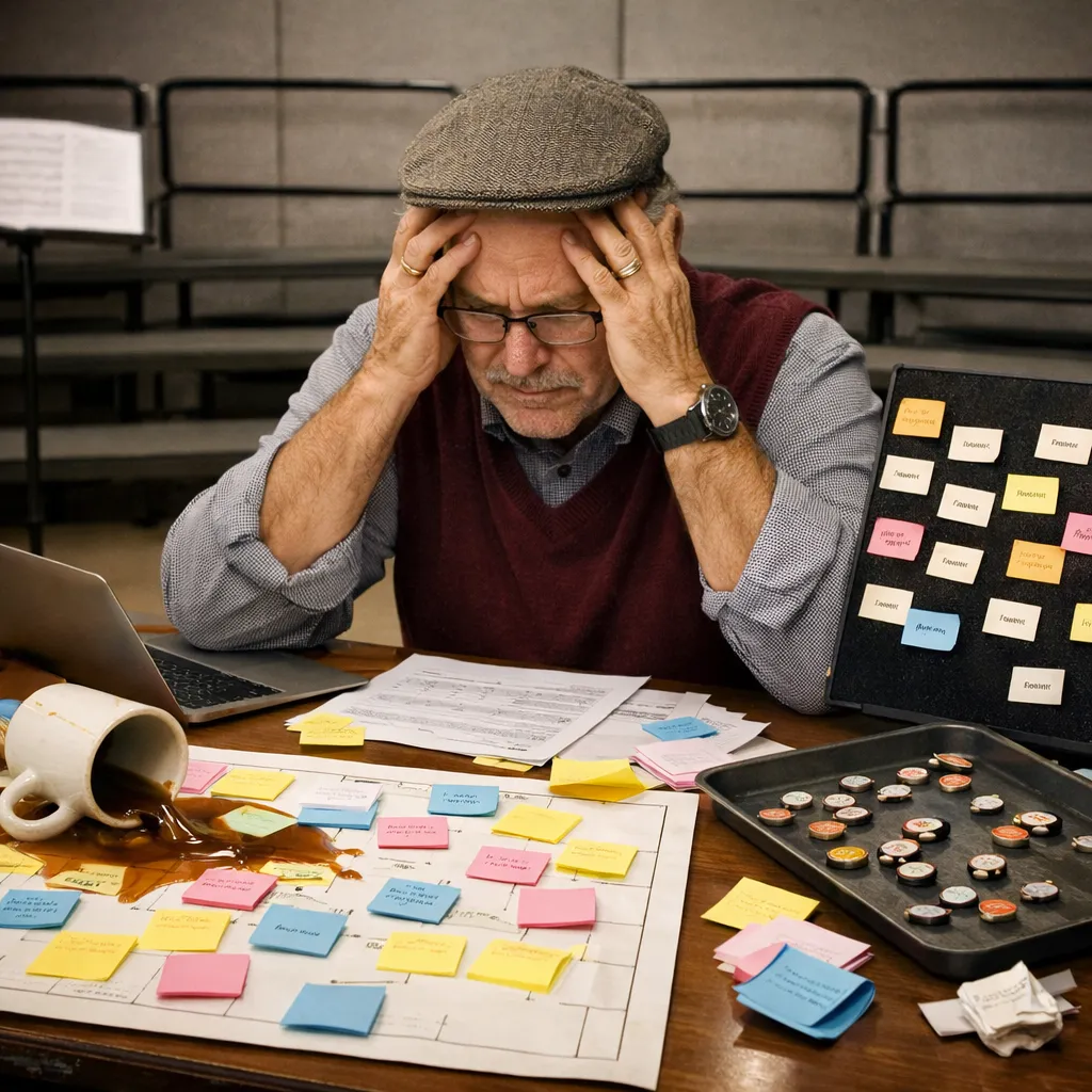 Frustrated chorus director surrounded by sticky notes, magnets, and paper charts on a cluttered desk