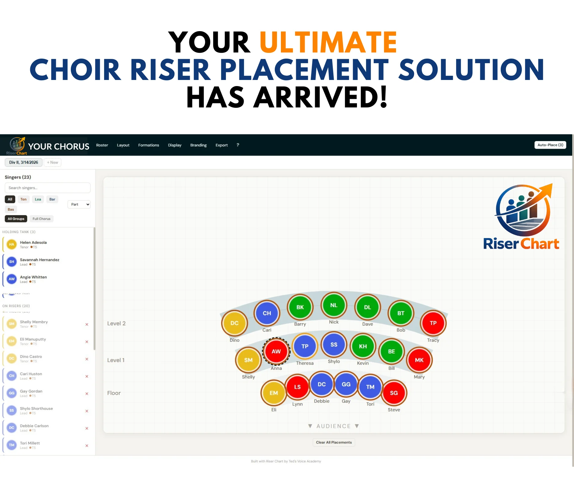 Riser Chart app showing 23 singers arranged on curved risers with color-coded voice parts, sidebar roster, and formation tabs