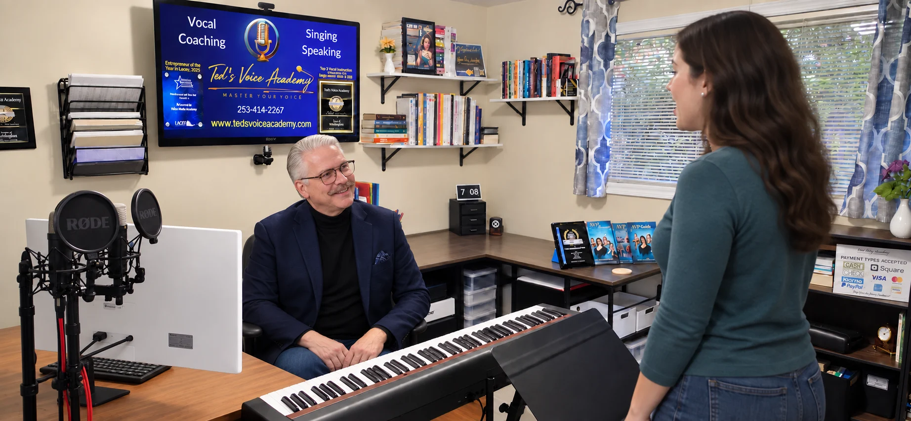 Ted Chamberlain at the piano in his Lacey studio while an adult student sings