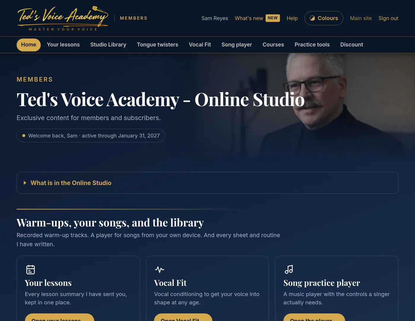 The Online Voice Studio home screen, with sections for the studio library, tongue twisters, Vocal Fit, the song player, the courses and the practice tools.