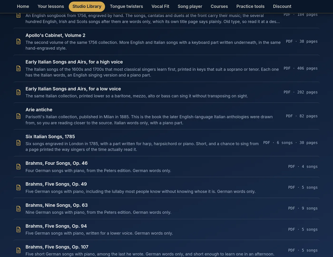 Songbook listings with page counts, sorted by voice.