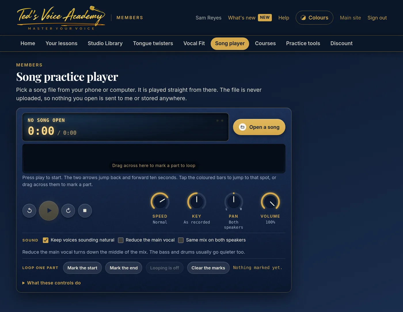 The Song Practice Player, with speed, key and balance controls over a waveform.