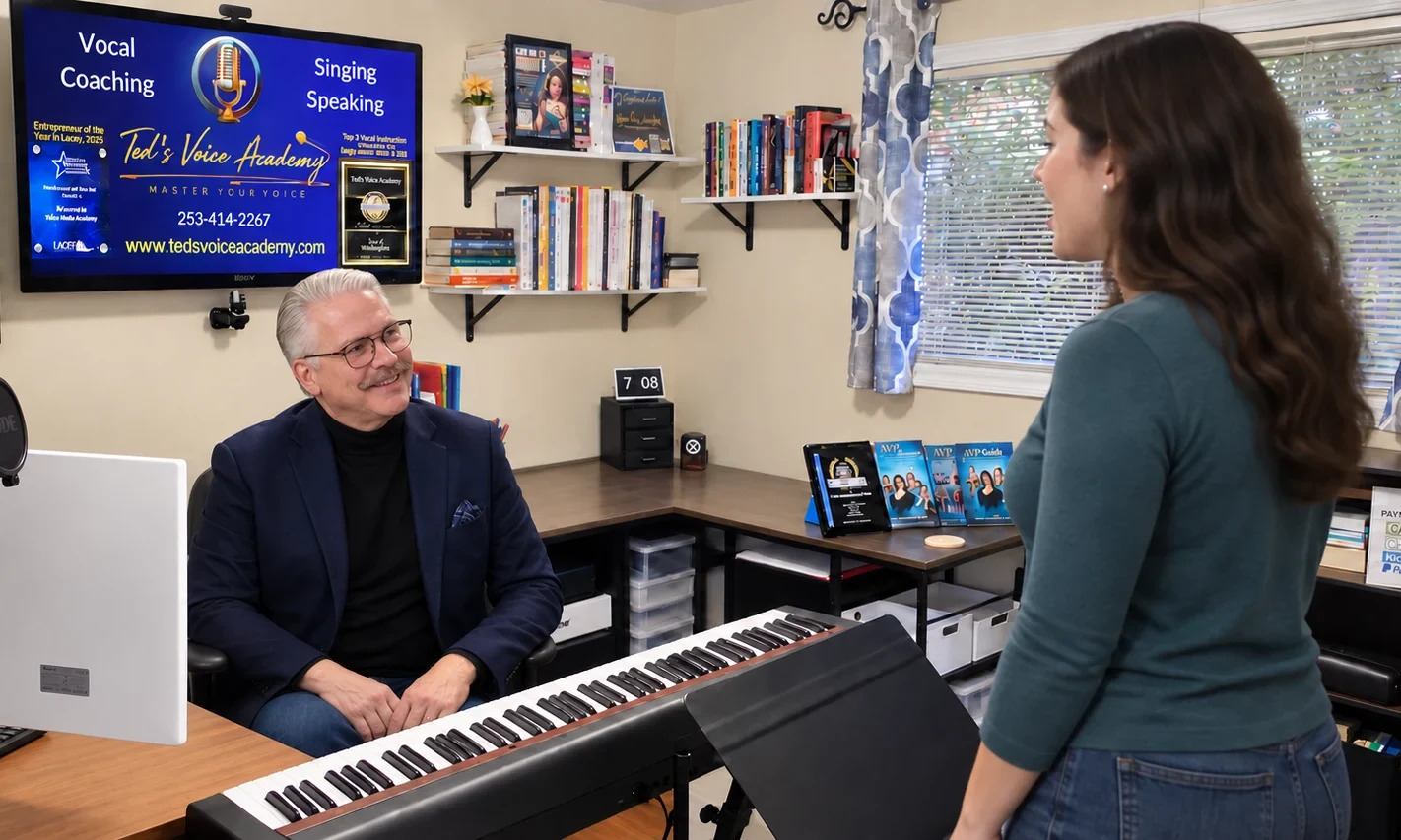 Ted Chamberlain at the keyboard coaching an adult singer in his Lacey, WA voice studio