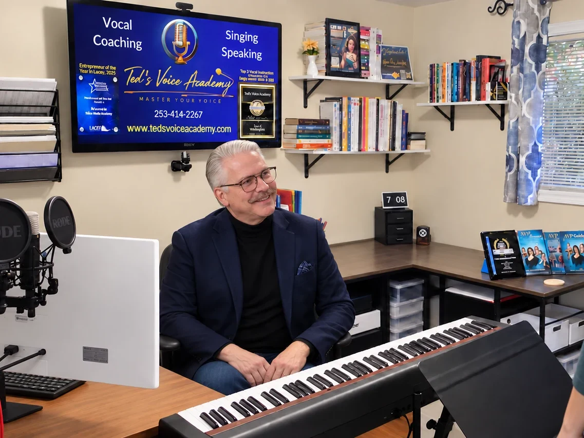 Ted Chamberlain at the keyboard in his Lacey, WA voice studio